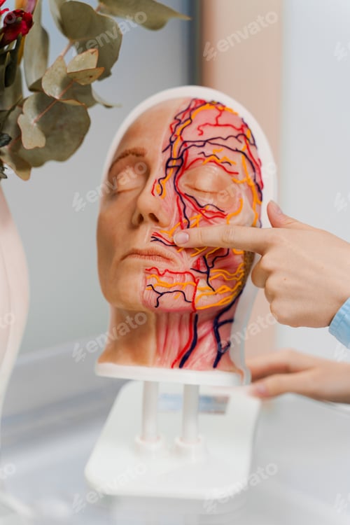Preview: Human head model with veins and arteries in clinic. Facial blood circulation demonstration