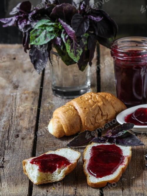 Preview: Breakfast: Croissants, Black Currant Jam, Berries And Basil