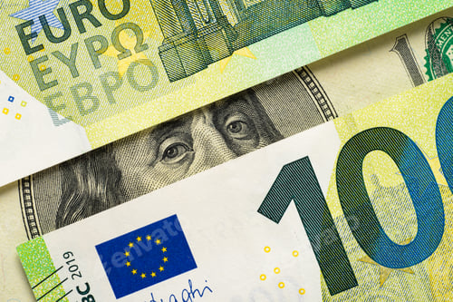 Preview: Hundred dollar bill Benjamin Franklin portrait looks behind euro banknotes.