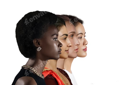 Preview: Caucasian woman, african american, asian woman and indian women profile portrait isolated on white