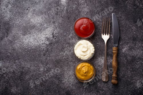 Preview: Set of different sauces: mustard, ketchup, mayonnaise.