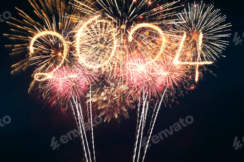 Preview: Happy New Year 2024 sparklers with golden fireworks on the night starry sky