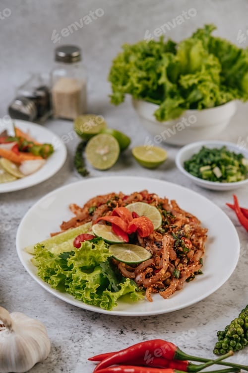 Preview: Pork Skin Larb with carrot, cucumber, lime, spring onion, chili, freshly ground pepper, and lettuce.