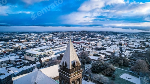 Preview: Aerial view of the Sligo cityscape covered in January snow