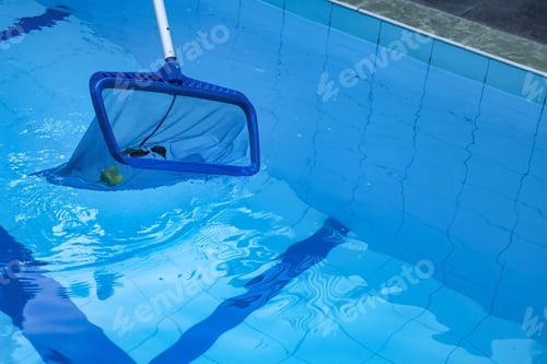 Preview: Close up cleaning swimpool of fallen leaves with skimmer net equipment on backyard countryside house