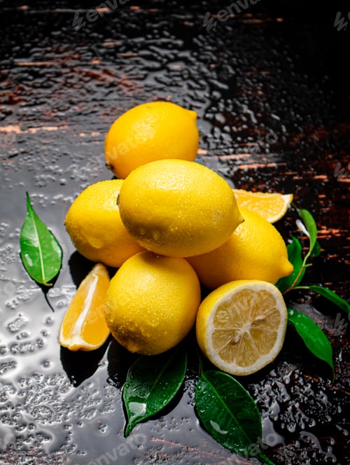 Preview: Juicy lemons with foliage on the table.