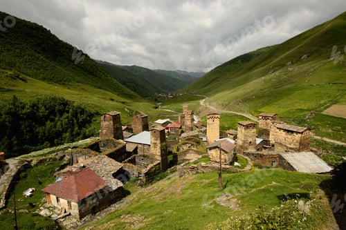 Preview: View of old ruined Svanetian towers in valley, Ushguli village, Svaneti, Georgia