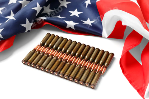 Preview: American flag, bullets, ammunition, cartridges on a white background.