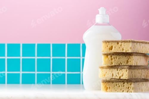 Preview: Sustainable eco friendly bamboo sponge on kitchen background. Copay space design for product mockup.