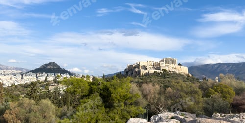 Preview: Athens, Greece. Parthenon, Acropolis hill and mount Lycabettus view from Areopagus hill