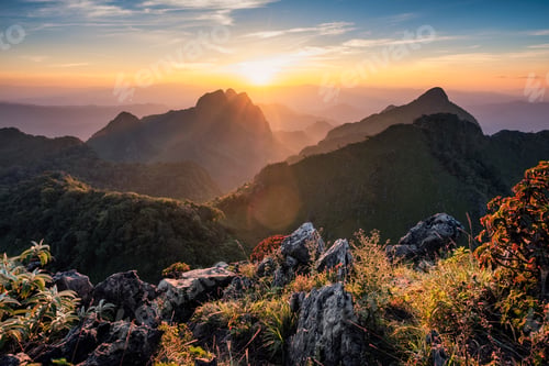 Preview: Landscape of sunset on mountain range in wildlife sanctuary at Doi Luang Chiang Dao national park