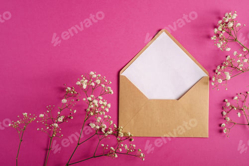 Preview: Kraft brown paper envelope with white empty card, gypsophila flowers