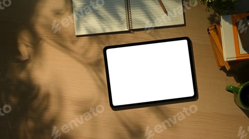 Preview: Top view office desk tablet with coffee, notebook and book