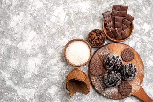 Preview: top view delicious chocolate balls cakes with cookies on white background sugar tea cookies sweet