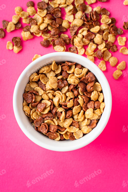 Preview: Oat Or Corn Flakes Quick Breakfast Portion On The Table For Healthy Meal Snack Outdoor Top View