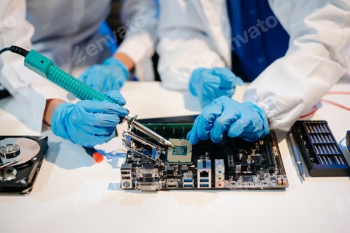 Preview: The technician is putting the CPU on the socket of the computer motherboard. electronic engineering