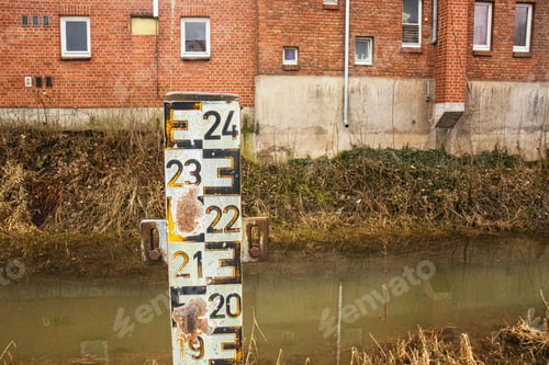 Preview: old sea gauge pressure gauge on the river bank, measuring the water level in the river,