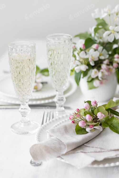 Preview: Wedding beautiful table decor with natural flowers. Spring blossom, zero waste setting