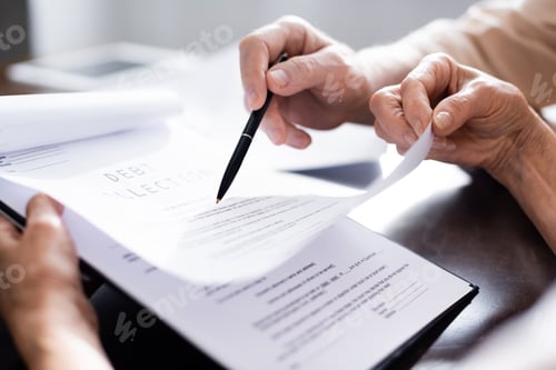 Preview: Cropped view of elderly couple holding pen and documents with debt collection lettering at home