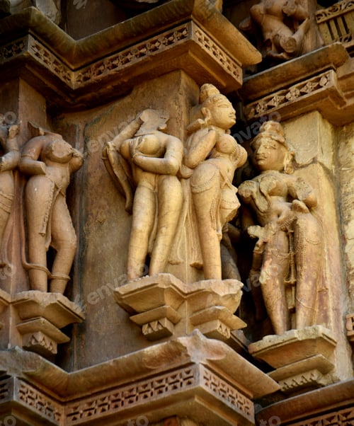 Preview: Stone carving sculptures on Khajuraho Temple, a UNESCO world Heritage site, India.