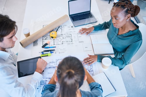 Preview: Architect blueprints, engineers and designers analyzing drawing, draft and sketch plan for construc