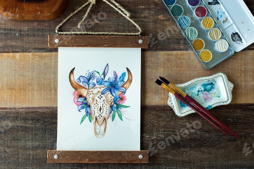 Preview: Floral Bull Skull Painting With Watercolor Materials