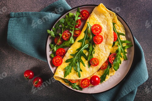 Preview: Close up of french omelette filled with cherry tomatoes and arugula on a plate on the table top view