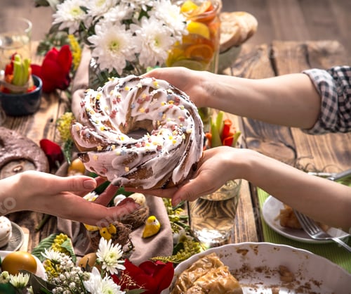 Preview: Festive table with Easter cake, top view