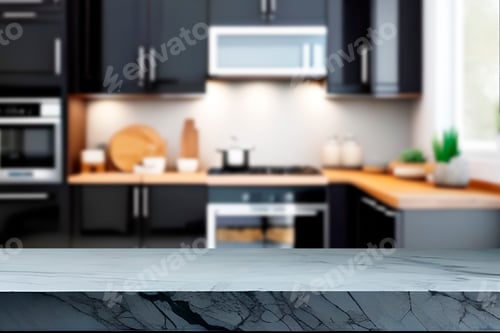 Preview: Empty marble top table with blurred kitchen interior Background. for product display.