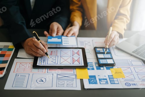 Preview: UX graphic designer planning application process development prototype wireframe for web smart phone