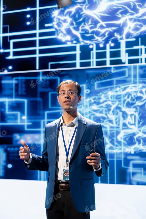 Preview: IT technician explaining impact of AI technology at event using AR visualization