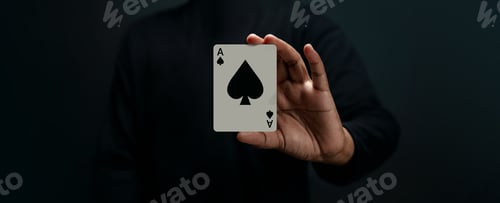 Preview: Ace Spade Playing Card. Player or Magician Holding a Poker Card. Front View. Closeup and Dark Tone
