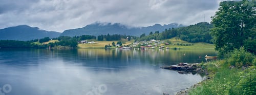 Preview: Panoramic view of fjord distant village, Etne, Norway