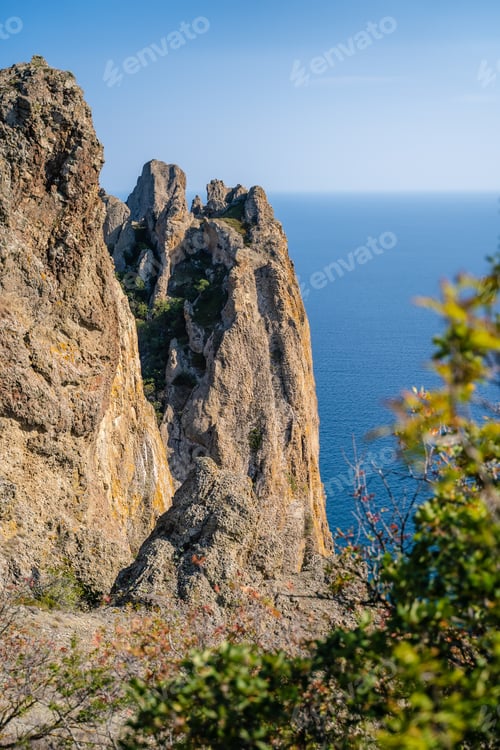 Preview: Sheer cliffs near the sea of the volcanic formation Karadag in Koktebel Crimea