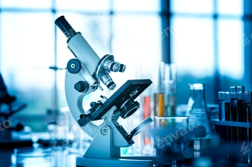 Preview: Microscope on the table with chemical tube and glassware in laboratory, Science research technology