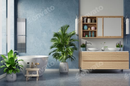 Preview: Modern Bathroom interior design on dark blue wall.
