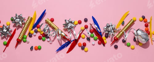 Preview: Candies, feathers and serpentine on pink background, top view