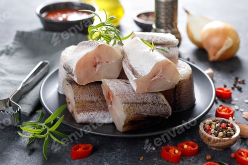 Preview: Raw fresh sliced hake fish with ingredients for cooking