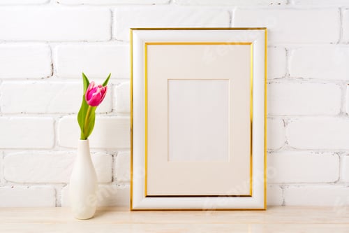 Preview: Gold decorated frame mockup with magenta pink tulip