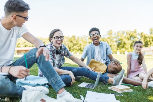 Preview: happy multiethnic teenagers sitting and laughing while studying together in park
