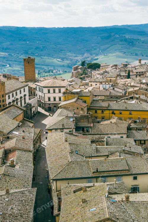 Preview: aerial view of buildings and empty street in Orvieto, Rome suburb, Italy