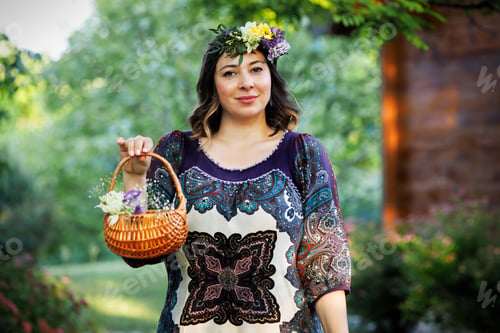Preview: beautiful young woman against backdrop summer nature in Balkan national village