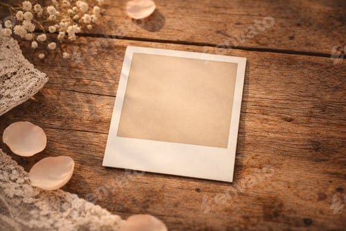 Preview: Rustic Wedding Background with Empty Instant Photo Mockup and Floral Details