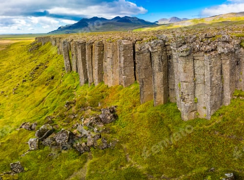 Preview: Areal view of Gerduberg basalt column cliffs, Snæfellsnes Peninsula, Iceland