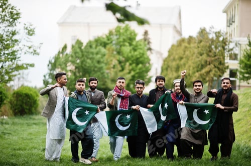 Preview: Group of pakistani man wearing traditional clothes salwar kameez or kurta with Pakistan flags.