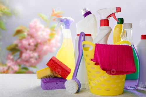 Preview: Colorful cleaning set for different surfaces in bathroom, kitchen and other. Spring cleaning