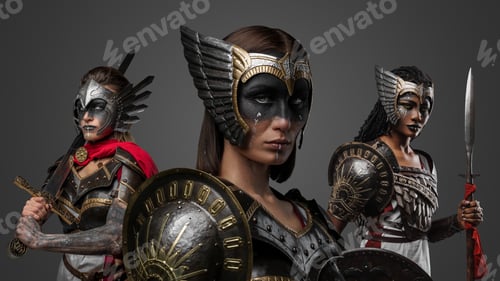 Preview: Medieval female soldiers posing together against grey background