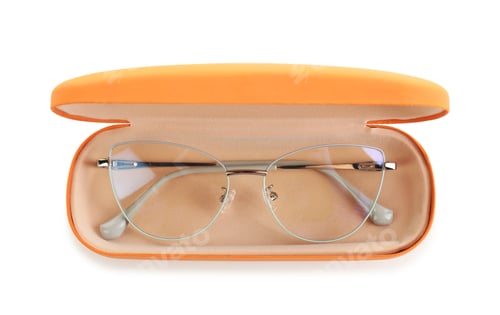 Preview: Case with stylish glasses isolated on white, top view