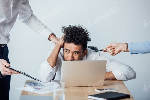 Preview: Selective focus of business people holding clipboard and pen near confused african american