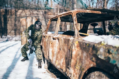 Preview: Paintball battle, burned car in winter forest